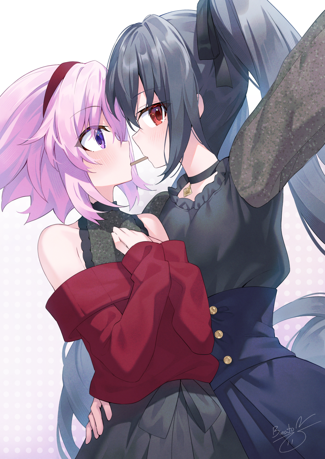 2girls binato_lulu black_choker black_dress black_hair blush choker commentary dress english_commentary food food_in_mouth hairband hand_on_another&#039;s_waist highres long_hair multiple_girls neptune_(neptunia) neptune_(series) noire_(neptunia) off-shoulder_sweater off_shoulder pink_hair pocky pocky_day pocky_in_mouth pocky_kiss purple_eyes red_eyes red_hairband red_sweater shared_food short_hair signature sweater twintails yuri