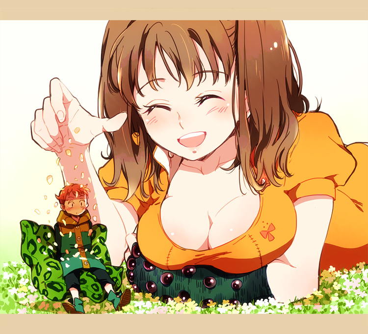 10s 1boy 1girl :d ^_^ arm_under_breasts bad_id bad_pixiv_id blush bodysuit boots breasts brown_eyes brown_hair capri_pants cleavage closed_eyes collarbone diane_(nanatsu_no_taizai) downblouse falling_petals field flower flower_field from_side full_body giant giantess gradient_background guttary happy jacket king_(nanatsu_no_taizai) large_breasts leotard letterboxed long_hair looking_at_viewer lying nanatsu_no_taizai open_mouth outdoors pants petals pillow puffy_short_sleeves puffy_sleeves round_teeth short_hair short_sleeves sitting size_difference smile teeth twintails unfastened upper_body upper_teeth_only white_background