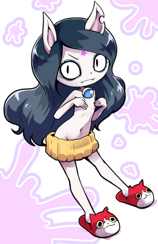 1girl animal_ears bell black_eyes black_hair cat_ears cat_girl claire_(the_summoning) collar eyelashes eyeliner facial_mark fangs flat_chest forehead_mark jibanyan long_hair makeup neck_bell nollety pentagram purple_background slippers solo star_(symbol) the_summoning very_long_hair youkai_watch