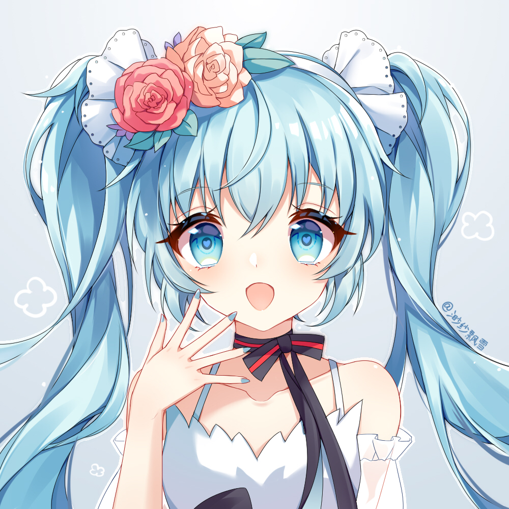 1girl aqua_eyes aqua_hair blue_background drsn female_focus flower hair_flower hair_ornament hatsune_miku heart heart-shaped_pupils long_hair looking_at_viewer nail_polish solo symbol-shaped_pupils twintails upper_body vocaloid