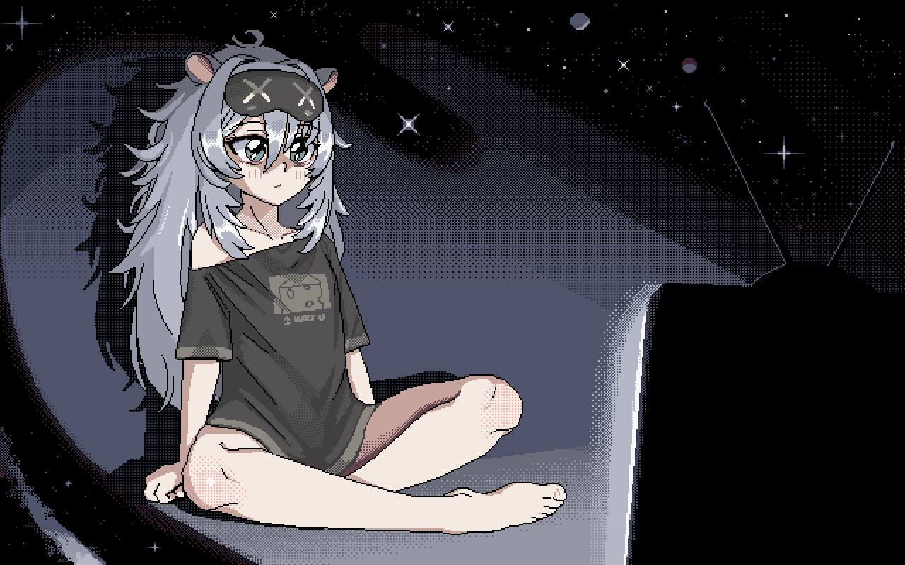 animal_ears bare_shoulders barefoot clauvio_(vtuber) hdoomguy indie_virtual_youtuber long_hair mouse_ears night night_sky pixel_art shirt sky star_(sky) television