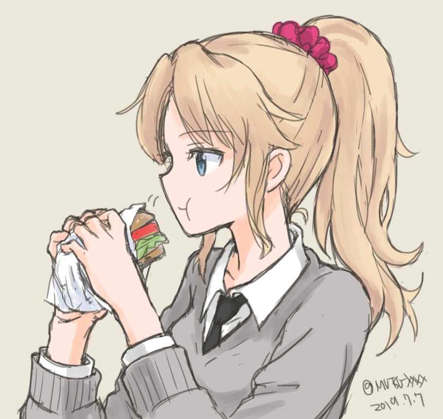 1girl alternate_hairstyle blonde_hair blue_eyes brown_background burger collarbone dated eating female_focus food girls_und_panzer high_ponytail kay_(girls_und_panzer) long_hair long_sleeves mutsu_(layergreen) necktie one-hour_drawing_challenge ponytail saunders_school_uniform school_uniform scrunchie simple_background solo sweater twitter_username