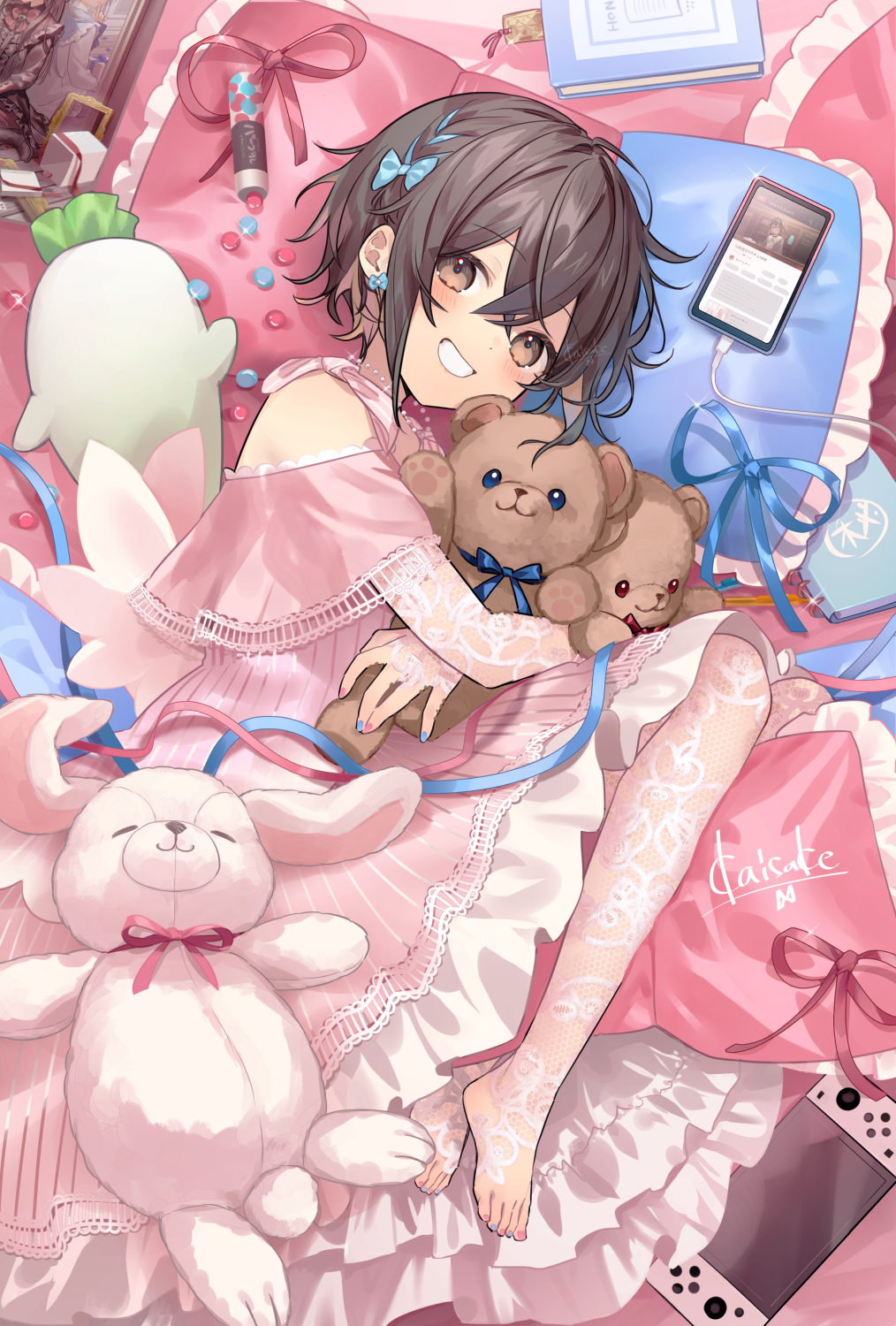 1girl barefoot blue_eyes blue_hair blue_nails blush book bow braid brown_eyes cellphone clothing_cutout commentary_request dress earrings fetal_position full_body grin hair_bow highres holding holding_stuffed_toy hugging_object jewelry kaisake_(utp) layered_dress looking_at_viewer lying nintendo_switch on_side original pantyhose patterned_legwear phone pillow pink_dress pink_nails red_eyes see-through_clothes see-through_pantyhose see-through_sleeves short_hair shoulder_cutout smartphone smile solo stuffed_animal stuffed_rabbit stuffed_toy teddy_bear teeth white_pantyhose