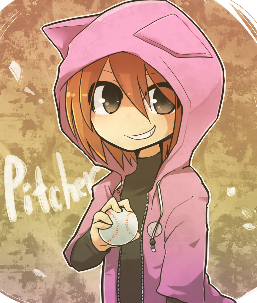 1girl animal_ears animal_hood ball baseball black_shirt brown_background brown_eyes brown_hair cat_ears character_name fake_animal_ears grin hair_between_eyes holding holding_ball hood hood_up hoodie jiima_tarou layered_clothes minna_no_rhythm_tengoku naughty_face open_clothes open_hoodie pink_hoodie pitcher-chan pitcher_(rhythm_tengoku) rhythm_tengoku shaded_face shirt short_hair smile texture unzipped upper_body zipper