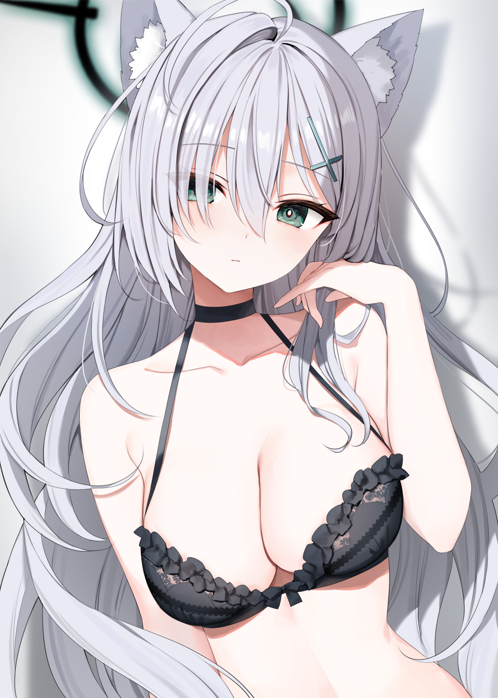 1girl animal_ear_fluff animal_ears black_bra black_choker black_halo blue_archive bra breasts choker cleavage collarbone cross_hair_ornament frilled_bra frills green_eyes grey_hair hair_ornament hair_over_one_eye halo highres large_breasts long_hair mismatched_pupils shiroko_(blue_archive) shiroko_terror_(blue_archive) simple_background solo underwear upper_body white_background wolf_ears wolf_girl yon_(letter)