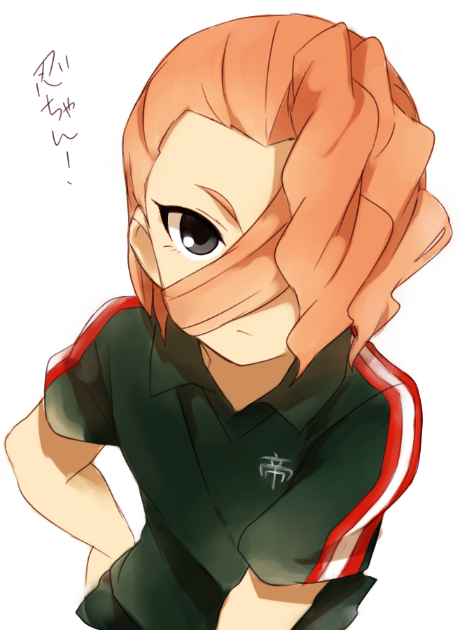 1girl black_eyes character_name female_focus hair_over_one_eye inazuma_eleven inazuma_eleven_(series) looking_at_viewer orange_hair sekina shin_teikoku simple_background soccer_uniform solo sportswear takanashi_shinobu upper_body white_background