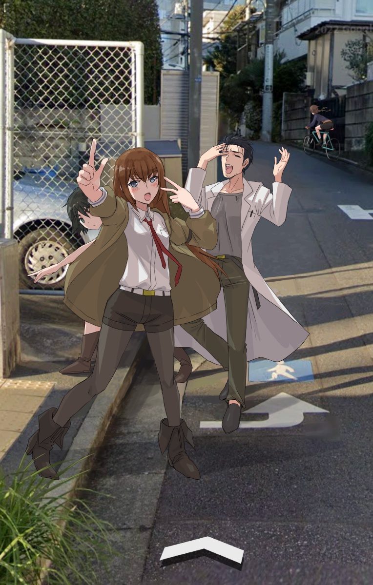 1boy 3girls :o amane_suzuha arrow_(symbol) bad_tag belt belt_buckle bicycle bike_shorts black_footwear black_hair black_jacket black_pantyhose black_shorts blue_eyes blush bob_cut boots braid braided_twintails breast_pocket breasts brown_coat brown_footwear brown_hair buckle building bush car chain-link_fence closed_eyes coat collared_shirt commentary dress_shirt fence floating_hair full_body google_maps google_street_view grass grey_shirt hair_between_eyes hair_slicked_back hand_on_own_head hands_up high_school_girls_posing_for_google_street_view_(meme) highres index_finger_raised jacket jun_(rellik_&amp;_redrum) lab_coat long_coat long_hair long_sleeves makise_kurisu meme motor_vehicle multiple_girls okabe_rintarou open_clothes open_coat open_jacket open_mouth pantyhose pantyhose_under_shorts pen pen_in_pocket photo_background pocket raised_curb riding riding_bicycle road shiina_mayuri shirt shoes short_hair shorts sidewalk small_breasts steins;gate street t-shirt tactile_paving teeth town tree twin_braids upper_teeth_only utility_pole v white_belt white_coat white_shirt