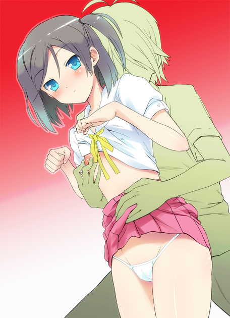 10s 1girl bad_id bad_pixiv_id blue_eyes brown_hair clothes_lift flat_chest hentai_ouji_to_warawanai_neko. inuga_anahoru nipples panties school_uniform shirt_lift short_hair side_ponytail skirt skirt_lift tsutsukakushi_tsukiko underwear upskirt