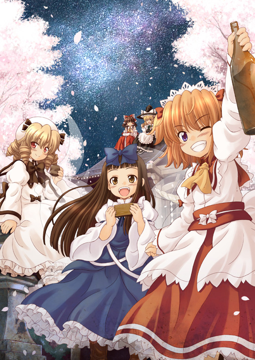 5girls alcohol blonde_hair cherry_blossoms female_focus hakurei_reimu hirasaka_makoto kirisame_marisa luna_child masu multiple_girls sake sky star_(sky) star_sapphire starry_sky sunny_milk touhou touhou_sangetsusei tree wings