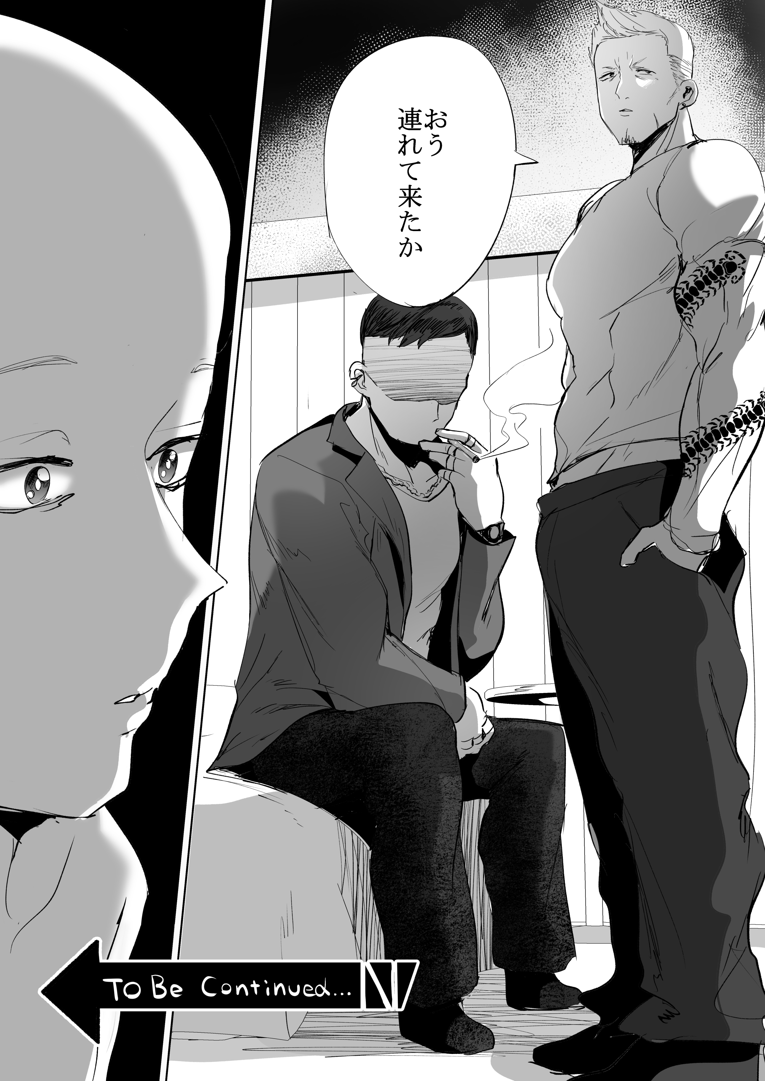 ricochet-gou, original, absurdres, commentary request, highres, translation  request, 3boys, arm tattoo, bald, cigarette, comic, faceless, faceless  male, facial hair, goatee, greyscale, jacket, large pectorals, male focus,  monochrome, multiple boys ...