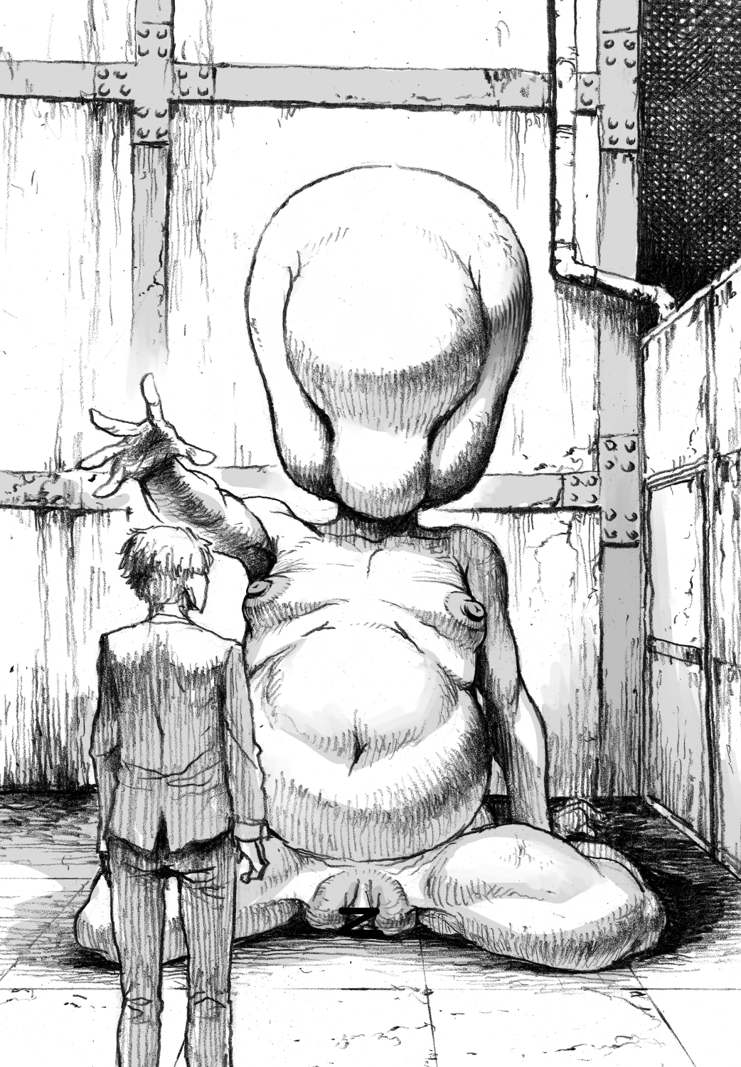 1boy 1girl belly breasts clothed_male_nude_female completely_nude double_deck faceless faceless_female giant giantess monster navel nipples nude original pussy sitting size_difference small_breasts wariza