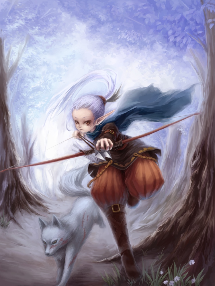 1girl archery arm_belt arm_garter arrow_(projectile) bad_id bad_pixiv_id boots bow_(weapon) brown_eyes cape drawing_bow dress elf facial_mark fantasy female_focus flower forest holding holding_bow_(weapon) holding_weapon khell light_purple_hair nature original pants parachute_pants pointy_ears ponytail quiver running solo tree weapon wolf