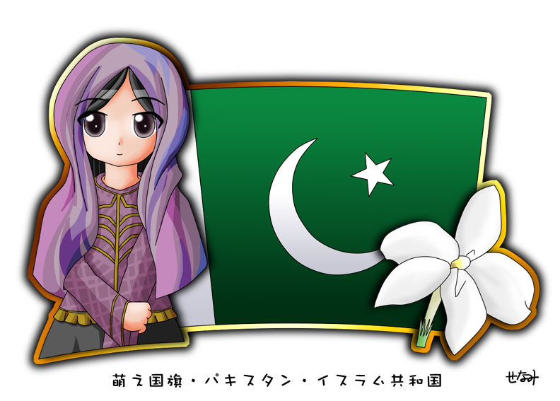 1girl black_hair flag flower headscarf murakami_senami pakistan