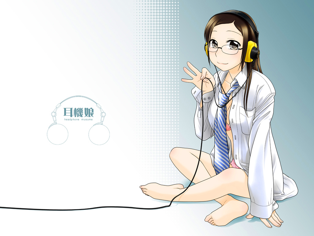 1girl barefoot bra feet female_focus glasses headphone_+_musume headphones lingerie necktie ootsuka_mahiro open_clothes open_shirt original panties sennheiser shirt solo underwear