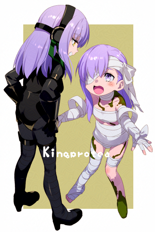 2girls aged_down bandage_over_one_eye bandaged_arm bandaged_head bandaged_leg bandages black_bodysuit black_gloves bodysuit breasts character_name echo_(circa) elbow_gloves fate/grand_order fate_(series) full_body giant giantess gimp_suit gloves green_ribbon hair_ribbon hairband kingprotea_(fate) latex latex_bodysuit long_hair moss multiple_girls naked_bandage open_mouth purple_eyes purple_hair ribbon small_breasts very_long_hair xochitonal_(fate) yellow_eyes