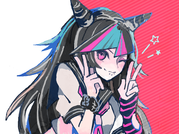 1girl ;3 black_gloves black_hair black_sailor_collar blue_hair blush closed_mouth danganronpa_(series) danganronpa_2:_goodbye_despair double_v elbow_gloves fingerless_gloves gloves hair_horns long_hair mioda_ibuki moa_(21energy12) mouth_piercing multicolored_hair neckerchief one_eye_closed pink_eyes pink_gloves pink_hair pink_neckerchief sailor_collar scrunchie shirt single_glove smile solo star_(symbol) v white_hair white_shirt wrist_scrunchie