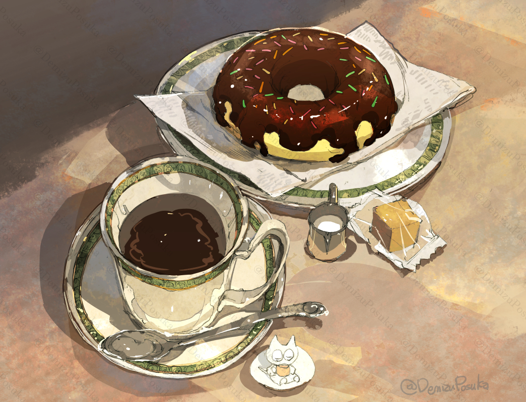 brown_sugar coffee coffee_mug creamer_(vessel) cup demizu_posuka doughnut drink food food_focus mug napkin no_humans original plate saucer spoon sprinkles sugar_cube table twitter_username