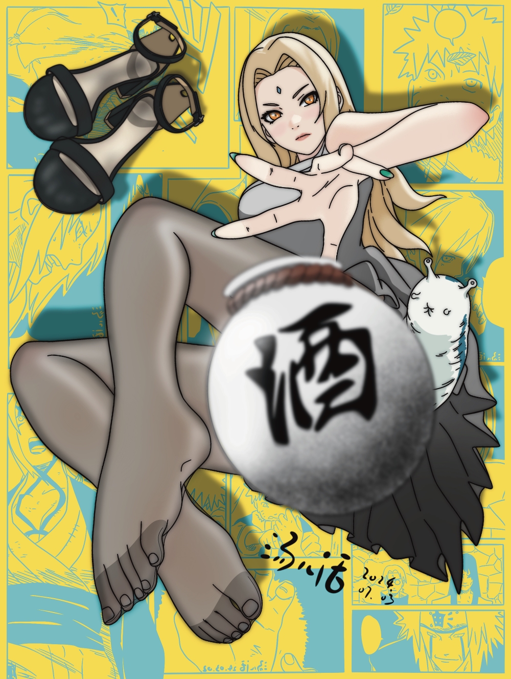 1girl blonde_hair feet highres long_hair looking_at_viewer nail_polish naruto_(series) sandals see-through_clothes see-through_legwear shoes tangerhua toes tsunade_(naruto) unworn_sandals unworn_shoes yellow_eyes