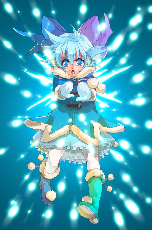 1girl bad_id bad_pixiv_id blue_eyes blue_hair bow cirno coat female_focus full_body garamgum gradient_background hair_bow matching_hair/eyes mittens short_hair solo touhou wings