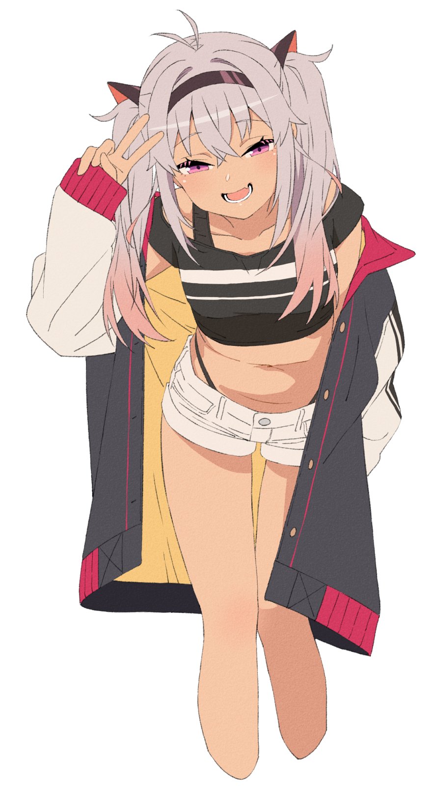 1girl akitetsu black_panties crop_top cropped_legs dark-skinned_female dark_skin flat_chest grey_hair hairband highres jacket leaning_forward long_hair matsukai_mao matsukai_mao_(1st_costume) navel nijisanji off_shoulder open_clothes open_jacket open_mouth panties panty_straps pink_eyes short_shorts shorts simple_background smile solo twintails underwear v virtual_youtuber white_background