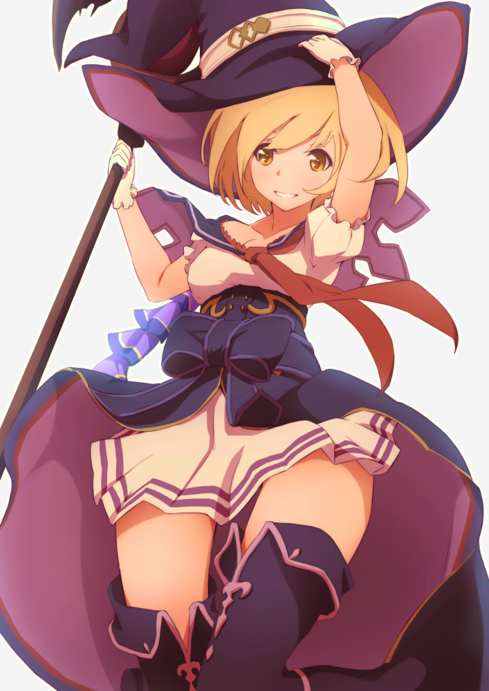 10s 1girl artist_request bad_id bad_pixiv_id blonde_hair djeeta_(granblue_fantasy) female_focus gloves granblue_fantasy grin hat long_hair re:re:re: smile solo staff thighhighs witch_hat yellow_eyes