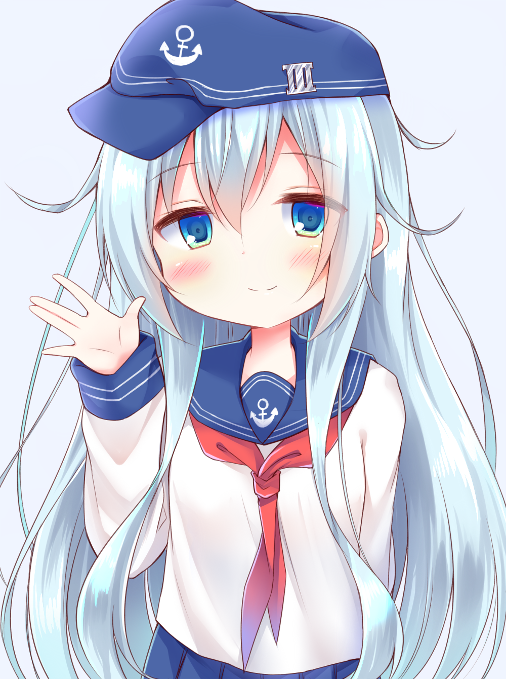 1girl anchor_symbol blue_eyes blue_hat blue_sailor_collar blue_skirt blush closed_mouth commentary_request esureki female_focus flat_cap grey_background hair_between_eyes hand_up hat hibiki_(kancolle) highres kantai_collection long_hair long_sleeves looking_at_viewer neckerchief pleated_skirt red_neckerchief sailor_collar school_uniform serafuku shirt silver_hair simple_background skirt sleeves_past_wrists smile solo very_long_hair white_shirt