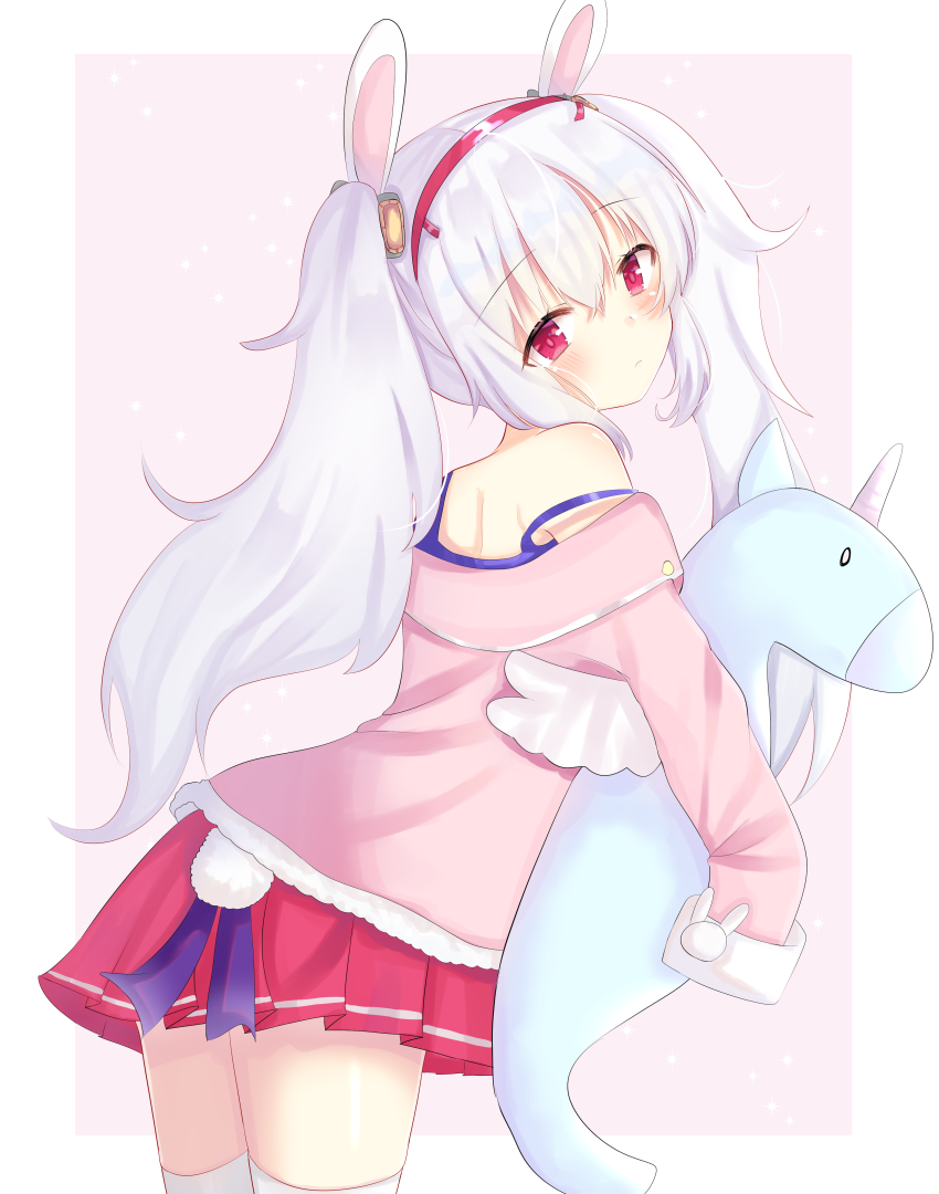 1girl animal_ears azur_lane blush commentary_request cowboy_shot expressionless female_focus fish from_side hair_between_eyes hair_bobbles hair_ornament hairband head_tilt holding holding_stuffed_toy jacket laffey_(azur_lane) leaning_forward long_hair long_sleeves looking_at_viewer looking_back miniskirt nibosi pink_background pink_jacket pleated_skirt rabbit_ears rabbit_tail red_hairband red_skirt ribbon seahorse silver_hair simple_background skirt sleeves_past_fingers sleeves_past_wrists solo sparkle_background strap_slip stuffed_animal stuffed_toy tail tail_ornament tail_ribbon thighhighs twintails white_thighhighs