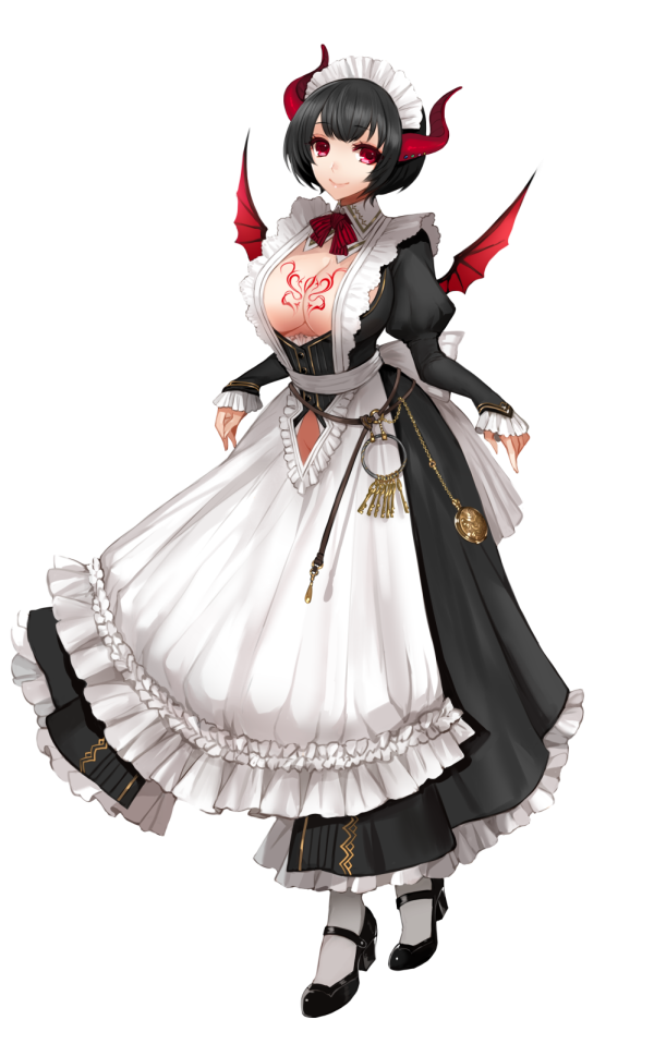 1girl apron apt black_hair breasts cleavage cleavage_cutout clothing_cutout demon_girl female_focus full_body horns large_breasts looking_at_viewer maid maid_apron mary_janes red_eyes shoes short_hair smile solo standing transparent_background