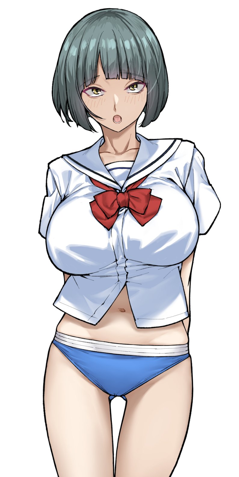 1girl arms_behind_back bikini bikini_bottom_only blue_bikini bob_cut bow bowtie breasts green_hair hatakenaka_(kamagabuchi) highres large_breasts looking_at_viewer navel open_mouth original red_bow red_bowtie sailor_collar short_hair simple_background solo swimsuit white_background yellow_eyes