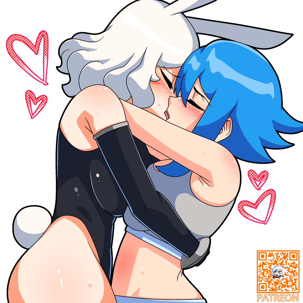 2girls acefish ass bare_shoulders black_gloves black_leotard black_thighhighs blue_hair blush breast_press breasts breasts_squeezed_together closed_eyes french_kiss gloves hair_between_eyes heart height_difference hug kiss large_breasts leotard mary_(acefish) multiple_girls necktie original personification playboy_bunny rabbit_ears rabbit_girl rabbit_tail short_hair speech_bubble sports_bra sweat symmetrical_docking thighhighs thighs twitter twitter_bird white_background white_hair yuri