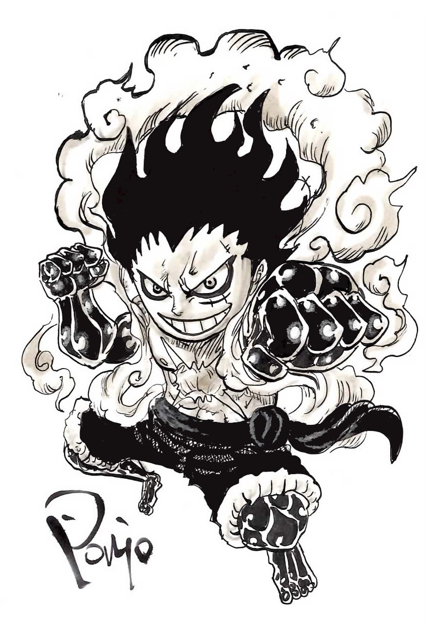 1boy barefoot black_hair clenched_hand fighting_stance full_body gear_fourth grin highres looking_at_viewer male_focus monkey_d._luffy monochrome muscular nishiponi oda_eiichirou_(style) official_style one_piece pectorals scar scar_on_chest scar_on_face short_hair simple_background smile solo