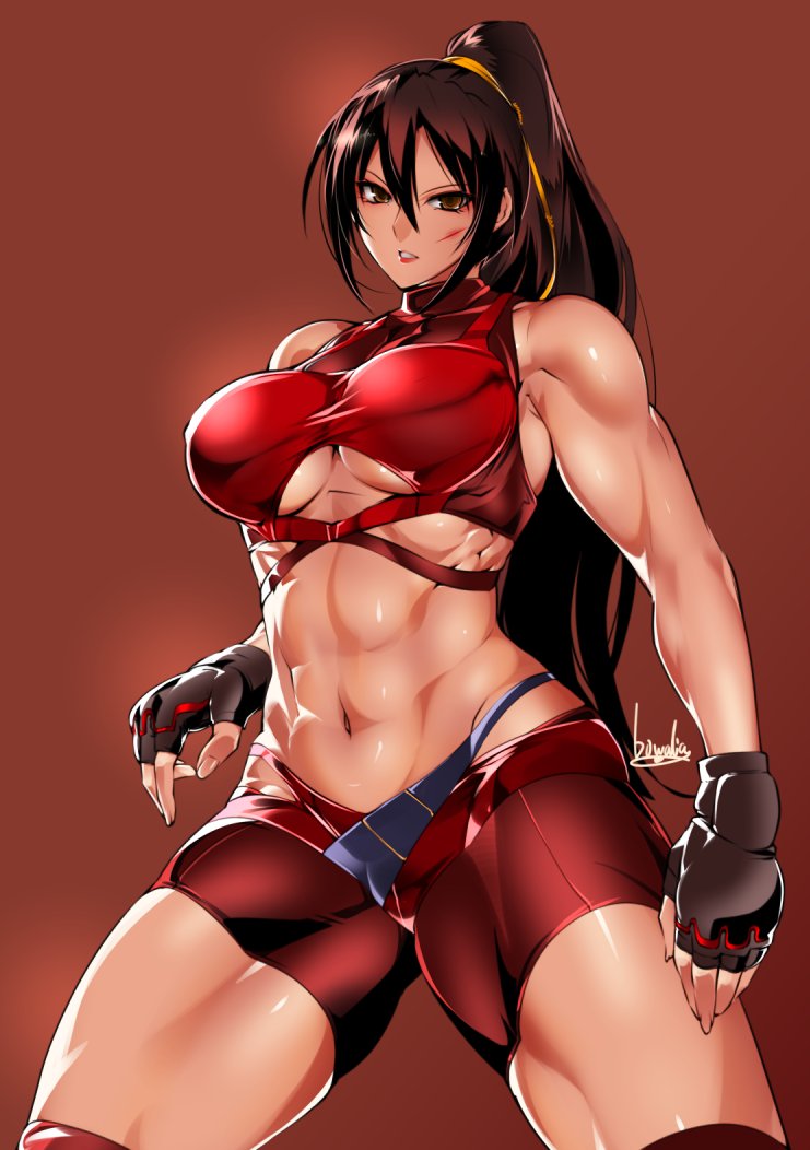 1girl abs bowalia breasts brown_background brown_eyes brown_hair fingerless_gloves gloves injury large_breasts long_hair looking_at_viewer midriff muscular muscular_female original ponytail red_shorts shorts simple_background solo thick_thighs thighs