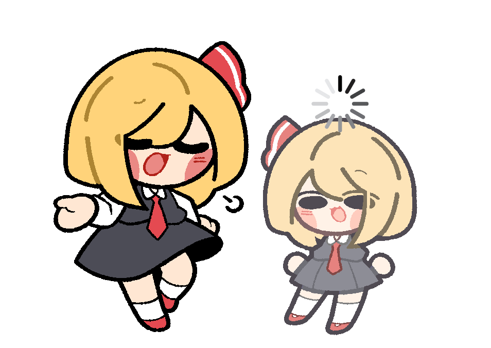 1girl :3 baek_ban black_skirt black_vest blonde_hair blush_stickers chibi chibi_only closed_eyes collared_shirt hair_ribbon loading_icon long_sleeves medium_hair multiple_views necktie open_mouth pleated_skirt rayman_limbs red_footwear red_necktie red_ribbon ribbon rumia shirt simple_background skirt smile socks touhou vest white_background white_shirt white_socks