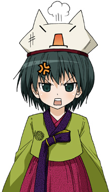 1girl 2channel anger_vein angry aqua_eyes aqua_hair arms_at_sides bad_source character_hat commentary_request hanbok hat jeogori_(clothes) korean_clothes long_sleeves looking_at_viewer lowres maso_(ascii_art) open_mouth personification puff_of_air rectangular_mouth short_hair simple_background solo straight-on teeth upper_teeth_only v-shaped_eyebrows white_background white_hat