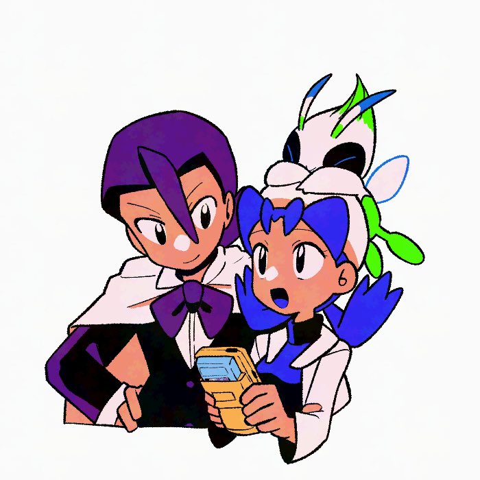 1boy 1girl :d black_eyes black_jacket blue_hair bow bowtie buttons cape celebi closed_mouth commentary_request creatures_(company) eusine_(pokemon) flipped_hair game_boy game_boy_color game_freak gen_2_pokemon hair_between_eyes handheld_game_console hat holding holding_handheld_game_console jacket kris_(pokemon) legendary_pokemon long_sleeves mythical_pokemon nintendo on_head open_clothes open_jacket open_mouth pokemon pokemon_(creature) pokemon_gsc pokemon_on_head purple_bow purple_bowtie purple_hair shirt smile twintails tyako_089 white_cape white_hat white_jacket white_shirt