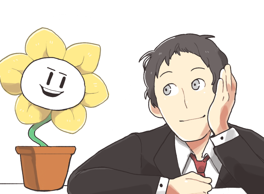 2boys adachi_tooru black_hair black_jacket collared_shirt flower flowey_(undertale) grey_eyes hand_on_own_cheek hand_on_own_face head_rest inkerton-kun jacket male_focus multiple_boys necktie open_mouth persona persona_4 plant plant_monster potted_plant red_necktie shirt short_hair smile teeth undertale upper_teeth_only white_background white_shirt yellow_flower |_|