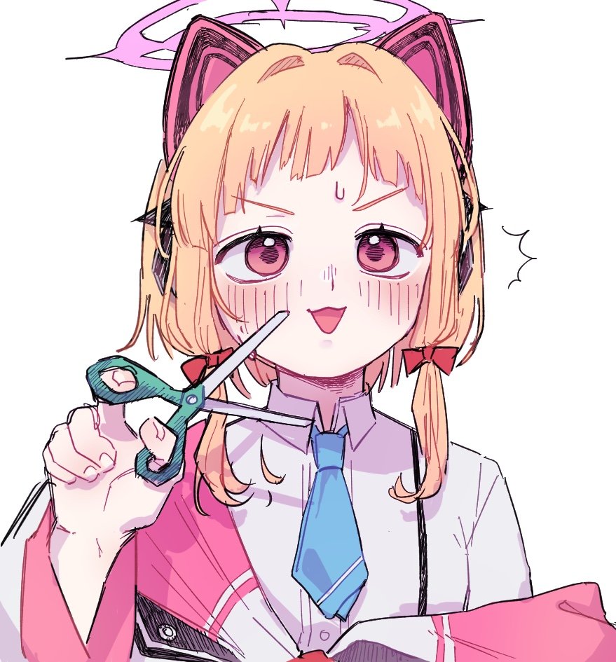 1girl ^^^ animal_ears blue_archive blue_necktie bow cat_ears collared_shirt commentary_request earphones fake_animal_ears hair_bow hair_intakes halo holding holding_scissors jacket kaming3698 light_blush mixed-language_commentary momoi_(blue_archive) multicolored_clothes multicolored_jacket necktie open_mouth orange_hair partially_unbuttoned pink_eyes pink_halo pink_jacket red_bow scissors shirt short_bangs short_hair_with_long_locks short_necktie sidelocks simple_background single_off_shoulder solo sweatdrop two-tone_jacket upper_body v-shaped_eyebrows white_background white_jacket white_shirt