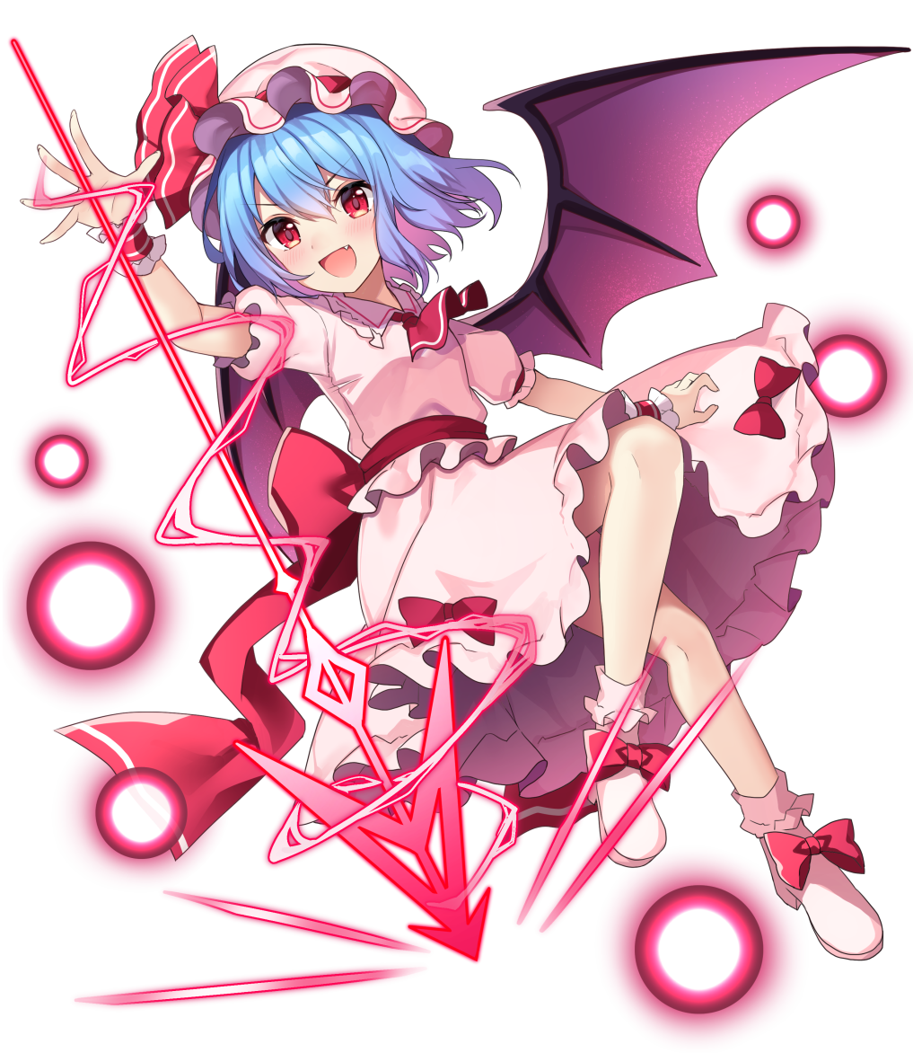 1girl ascot bat_wings blue_hair blush collared_shirt danmaku fang frilled_shirt_collar frilled_skirt frilled_sleeves frills full_body game_cg hair_between_eyes hakurei_frontier_spell_strive hat hat_ribbon mob_cap official_art open_mouth pink_hat pink_shirt pink_shoes pink_skirt purple_wings red_ascot red_eyes red_ribbon remilia_scarlet ribbon ruhika shirt shoes short_hair short_sleeves skirt smile solo spear_the_gungnir third-party_source touhou transparent_background wings wrist_cuffs