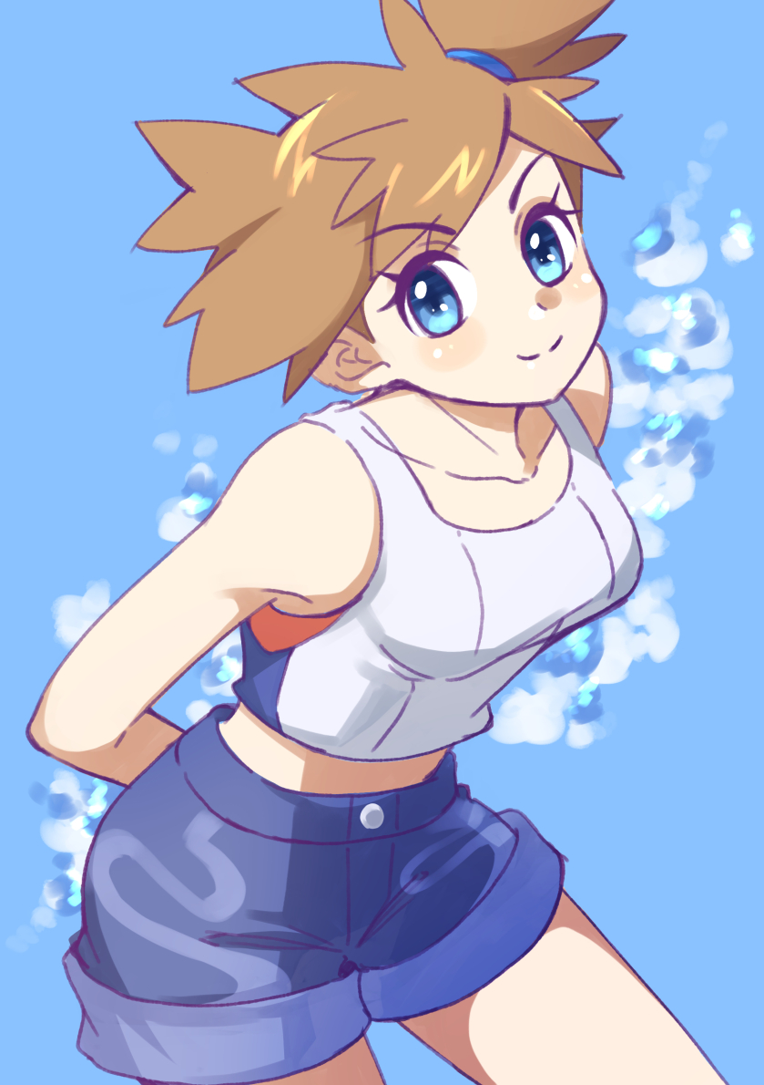 1girl asymmetrical_hair blue_eyes blush breasts closed_mouth creatures_(company) denim denim_shorts drdr_ao_midoro game_freak gym_leader legs looking_at_viewer misty_(pokemon) nintendo orange_hair pokemon pokemon_lgpe ponytail shirt short_hair short_shorts shorts side_ponytail white_shirt