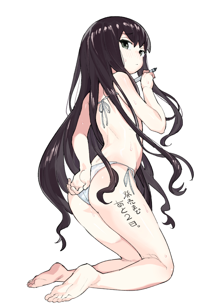 1girl ass barefoot bikini black_eyes black_hair body_writing commentary_request flat_chest full_body henry_bird_9 holding holding_marker long_hair looking_at_viewer looking_back marker original soles solo sweat swimsuit toes very_long_hair white_bikini