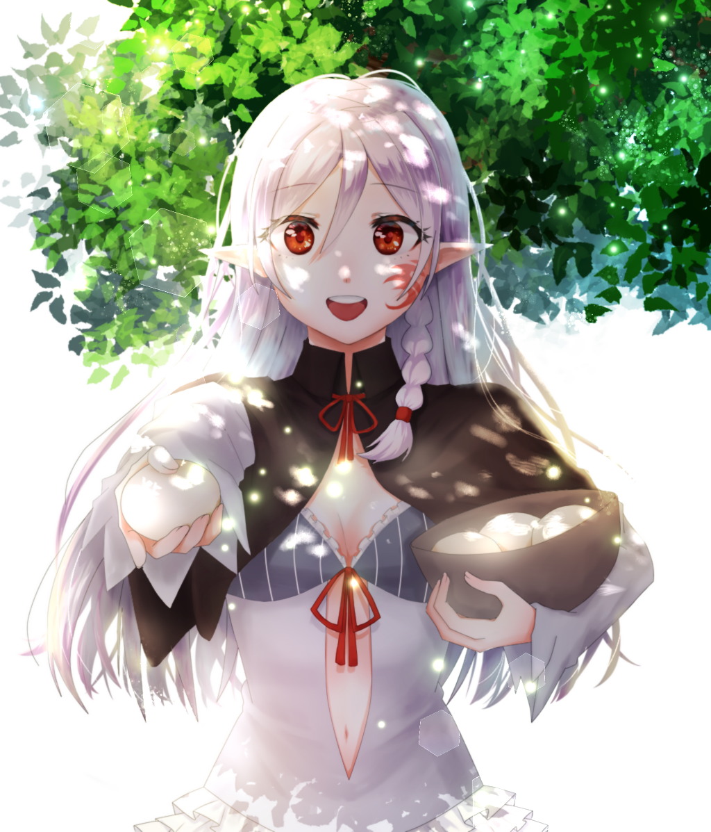 1girl achiko_(tamara) borrowed_character bowl braid breasts capelet cleavage dappled_sunlight facial_tattoo food hair_between_eyes long_hair long_sleeves navel original outdoors pointy_ears red_eyes small_breasts sunlight tattoo upper_body