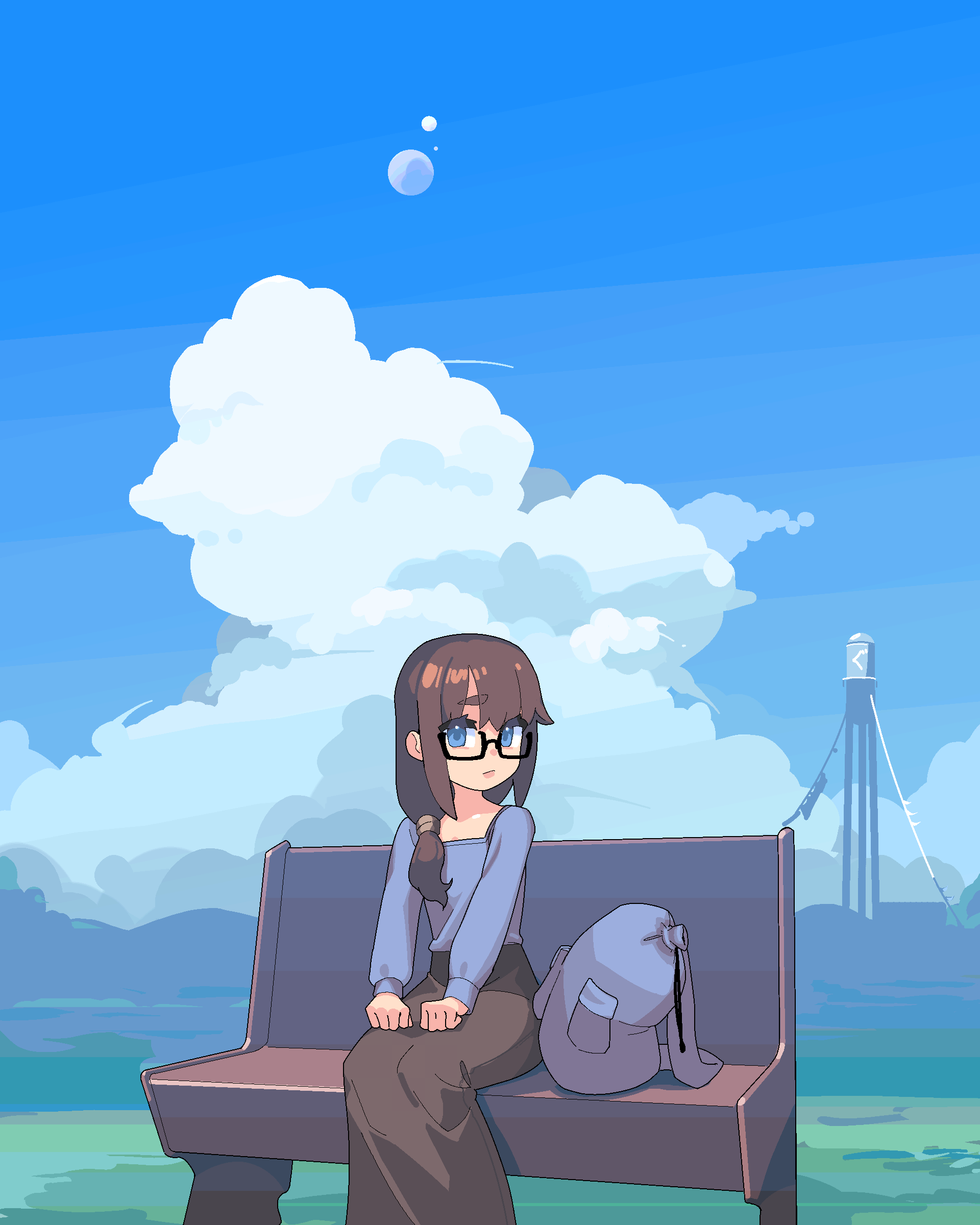 1girl absurdres bag black_skirt blue_eyes blue_sky brown_hair chikuwa_fan973 cloud commentary english_commentary engrish_commentary flat_chest glasses hair_over_shoulder hair_tie highres long_hair long_skirt moon on_bench original semi-rimless_eyewear sitting skirt sky solo tower under-rim_eyewear