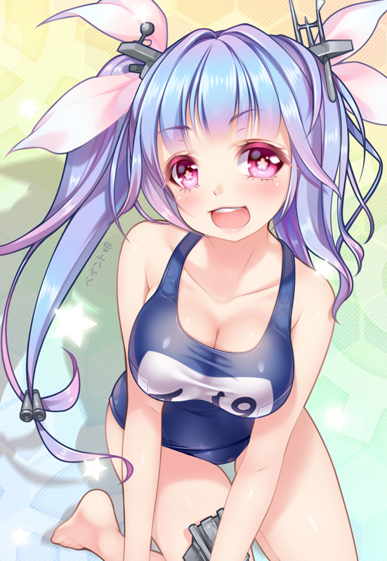 10s 1girl bare_shoulders barefoot blue_hair blush breasts cleavage female_focus hair_ribbon i-19_(kancolle) kantai_collection large_breasts long_hair looking_at_viewer name_tag one-piece_swimsuit open_mouth paint_musume personification red_eyes ribbon school_swimsuit smile solo star-shaped_pupils star_(symbol) swimsuit symbol-shaped_pupils twintails