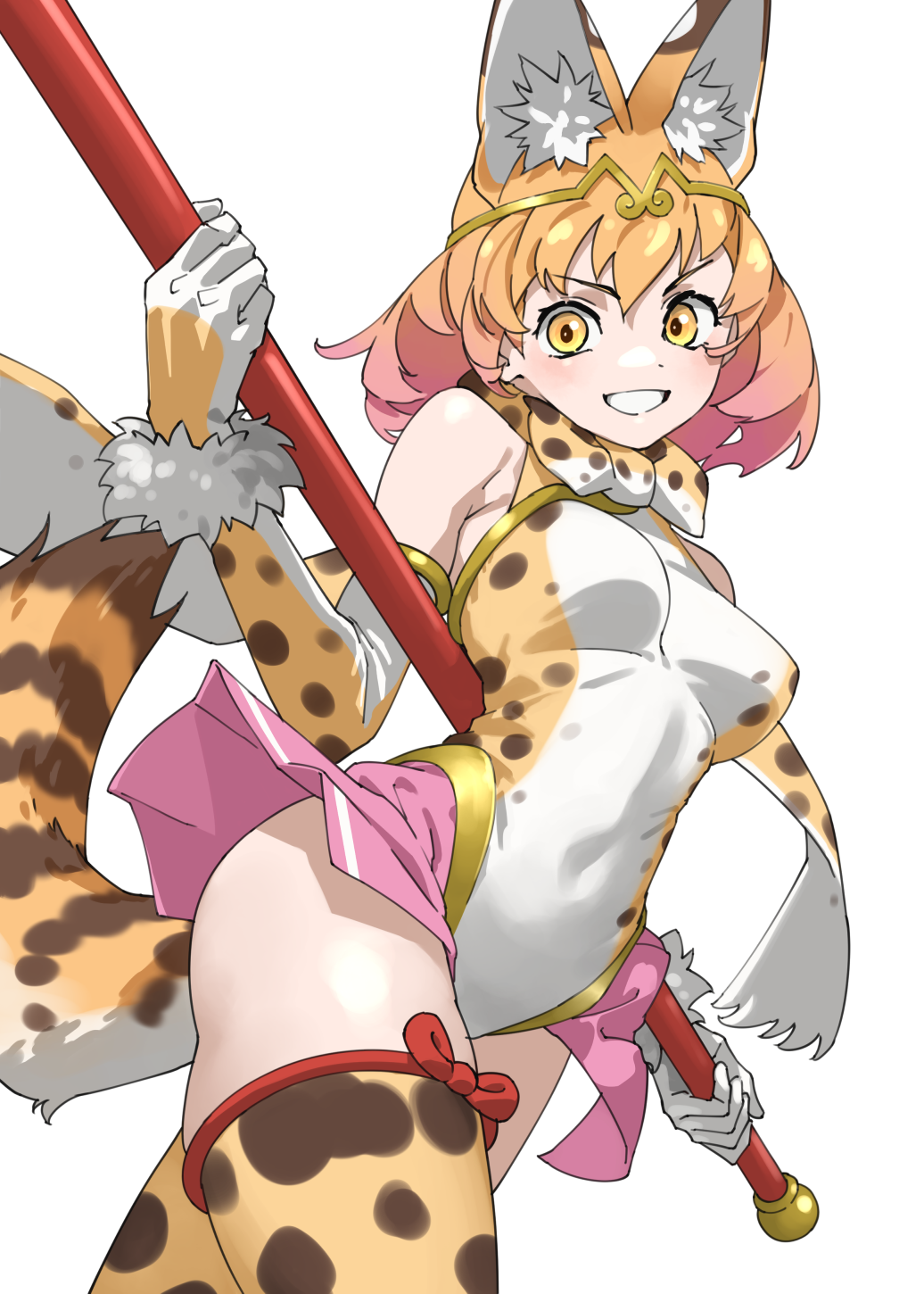 1girl animal_ear_fluff animal_print blonde_hair breasts commentary cosplay covered_navel elbow_gloves extra_ears gloves gold_trim golden_snub-nosed_monkey_(kemono_friends) golden_snub-nosed_monkey_(kemono_friends)_(cosplay) gradient_hair highleg highleg_leotard highres holding holding_polearm holding_weapon kemono_friends kemono_friends_3 leotard looking_at_viewer medium_breasts multicolored_hair multicolored_leotard pink_hair pink_skirt polearm print_gloves print_thighhighs serval_(kemono_friends) showgirl_skirt simple_background skirt solo tail tanabe_(fueisei) teeth thighhighs thighs weapon white_background white_leotard yellow_eyes