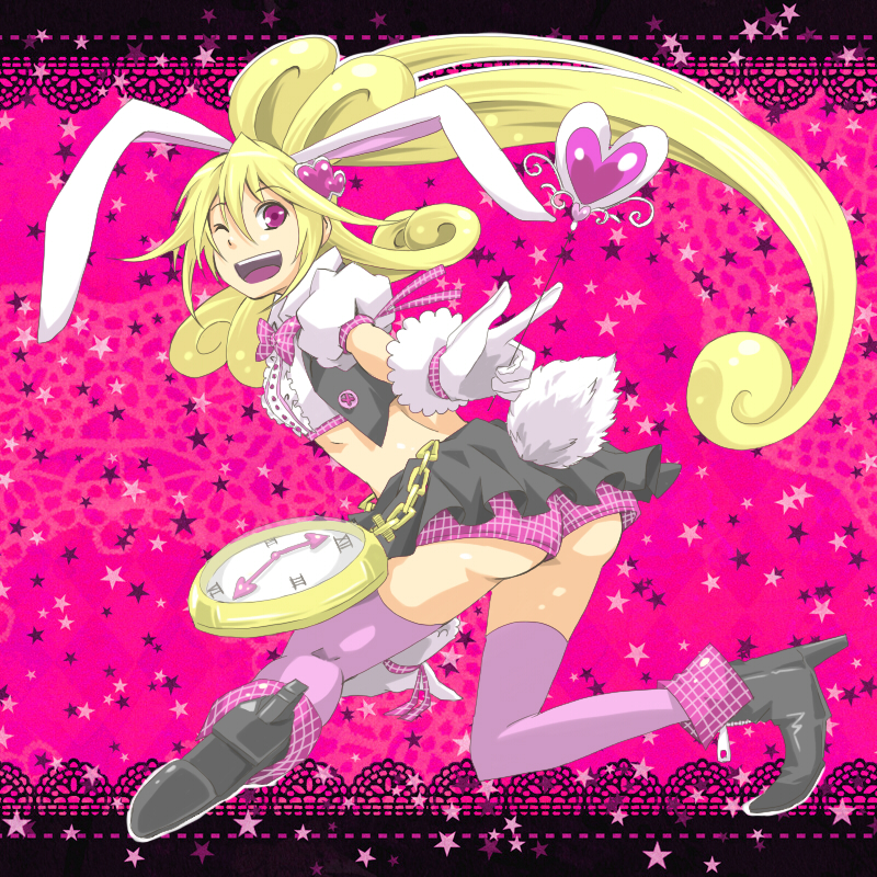 1girl aida_mana alice_in_wonderland alternate_costume animal_ears black_skirt blonde_hair boots bow bowtie clock cosplay crossover cure_heart curly_hair dokidoki!_precure female_focus frills gloves hair_ornament half_updo happy heart high_heels jewelry kasetsu long_hair midriff navel open_mouth pink_background pink_eyes pink_legwear precure puffy_sleeves rabbit_ears rabbit_tail ribbon skirt smile solo star_(symbol) tail white_gloves white_rabbit_(alice_in_wonderland) white_rabbit_(cosplay) wrist_cuffs