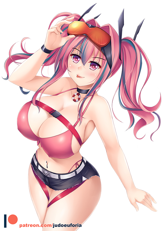 1girl :p adjusting_eyewear armpits azur_lane bare_shoulders belt bikini bikini_under_clothes black_choker black_shorts blush breasts bremerton_(azur_lane) buckle choker cleavage collarbone covered_erect_nipples cowboy_shot cutoffs euforia eyewear_on_head grey_belt grey_hair hair_between_eyes hair_intakes hair_ornament hand_up highleg highleg_bikini large_breasts lifebuoy long_hair looking_at_viewer midriff multicolored_hair navel navel_piercing no_jacket no_mole no_shirt patreon_logo patreon_username piercing pink_bikini pink_eyes pink_hair red-tinted_eyewear short_shorts shorts side-tie_bikini_bottom sidelocks simple_background smile snap-fit_buckle solo standing streaked_hair sunglasses sunglasses_on_head swim_ring swimsuit thigh_strap tinted_eyewear tongue tongue_out twintails two-tone_hair watermark web_address white_background wristband