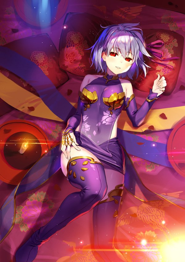 1girl bare_shoulders boots breasts candle covered_navel detached_sleeves fate/grand_order fate_(series) female_focus hair_ribbon hmk84 kama_(fate) kama_(first_ascension)_(fate) lying on_back on_bed pillow red_eyes ribbon short_hair small_breasts solo thigh_boots thighhighs white_hair