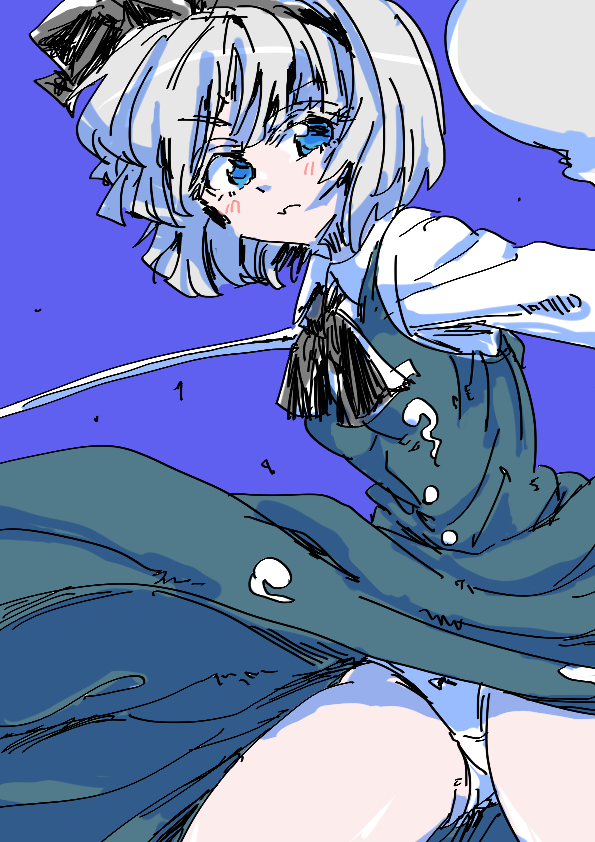 1girl ascot black_ascot blue_background blue_eyes blush cheken dress green_dress holding holding_sword holding_weapon konpaku_youmu konpaku_youmu_(ghost) looking_to_the_side panties shirt simple_background solo sword touhou underwear wavy_mouth weapon white_hair white_panties white_shirt wind wind_lift