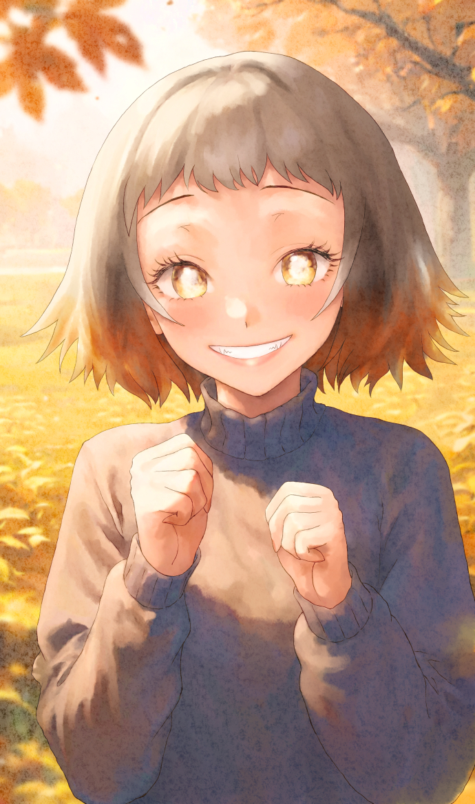 1girl autumn_leaves black_sweater day gradient_hair grey_hair grin hands_up kimetsu_no_yaiba leaf looking_at_viewer multicolored_hair orange_hair outdoors short_hair smile solo susamaru_(kimetsu_no_yaiba) sweater teeth tree turtleneck turtleneck_sweater yellow_eyes yuki_(nyge2252)