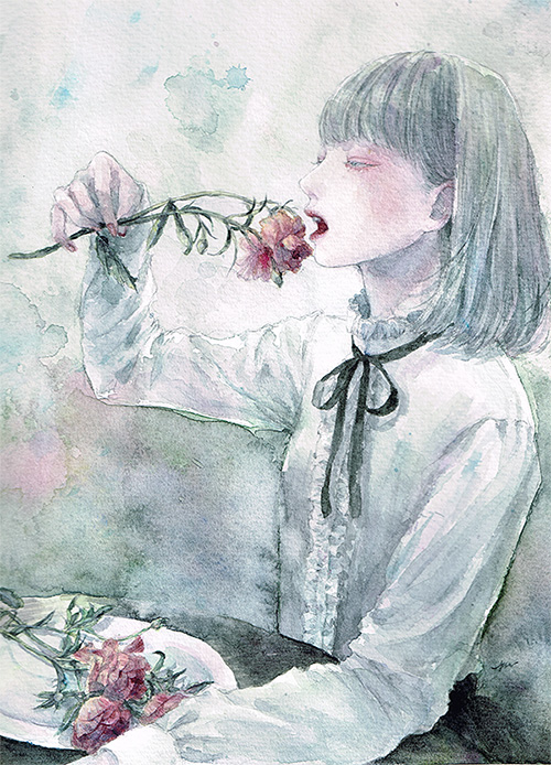 1girl black_ribbon center_frills eating_flower flower frills grey_eyes grey_hair half-closed_eyes medium_hair neck_ribbon open_mouth original painting_(medium) red_flower red_rose ribbon ringo_komachi rose shirt solo traditional_media upper_body watercolor_(medium) white_shirt